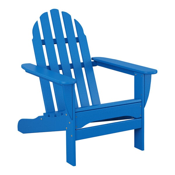 A POLYWOOD Pacific Blue Adirondack chair with armrests.