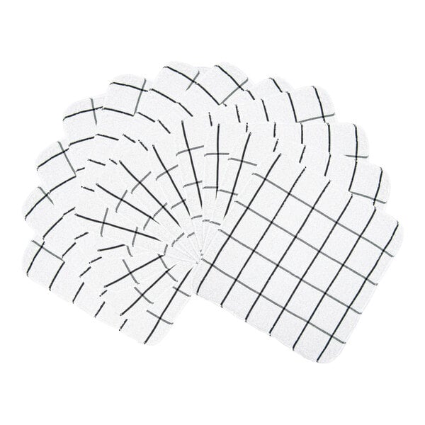 A set of white rectangular cloths with a black windowpane grid pattern, fanned out in a semi-circle.