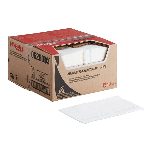A box of WypAll X80 white ultra-duty foodservice wipers with antimicrobial treatment, containing 150 cloths.