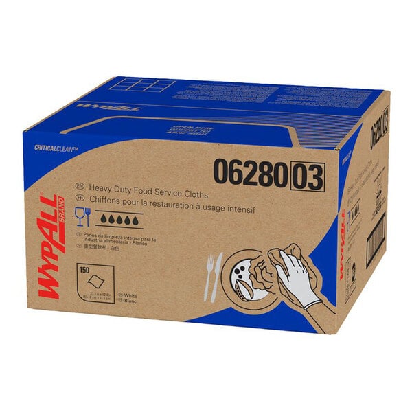 A cardboard box labeled WypAll containing heavy duty food service cloths, with illustrations and product information printed on it.