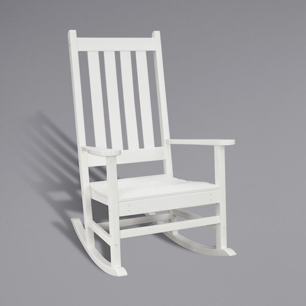 A white POLYWOOD Vineyard rocking chair.