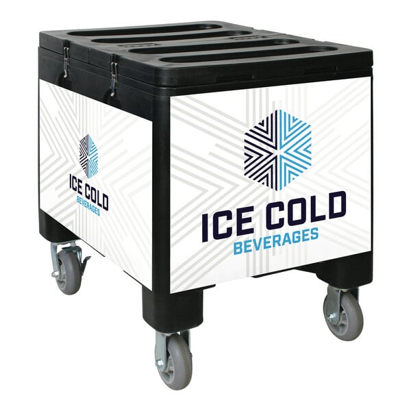 An IRP Black Ice Caddy mobile ice bin with ice cold beverages.