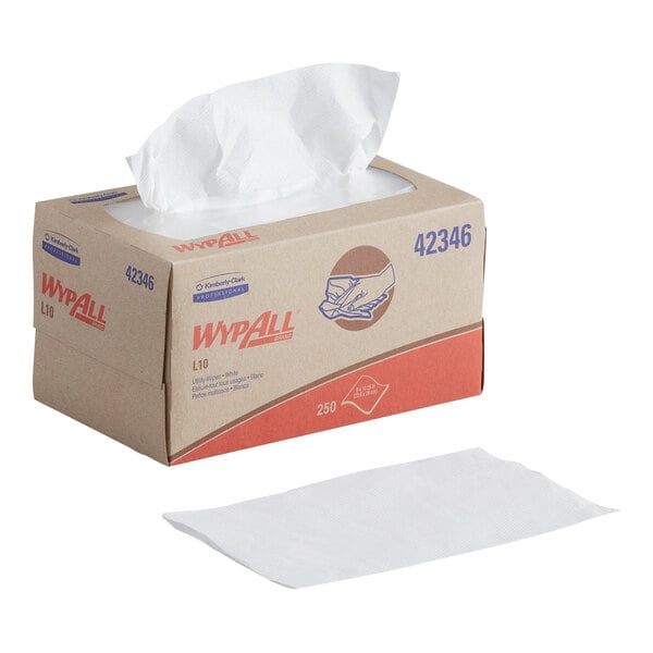 A box of WypAll L10 white all-purpose wipers with one wiper pulled out and another wiper displayed in front.