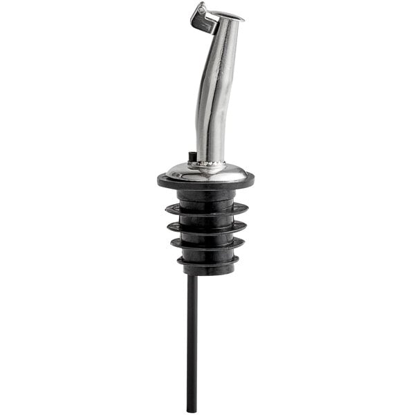 A Tablecraft stainless steel liquor pourer with a flip cap.