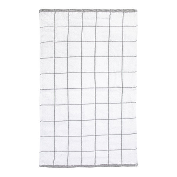 A white rectangular towel with a gray windowpane grid pattern and gray borders on the shorter edges.