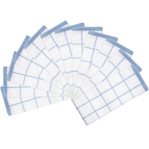 A close-up of a fan of white and blue Monarch Brands windowpane pattern kitchen towels.