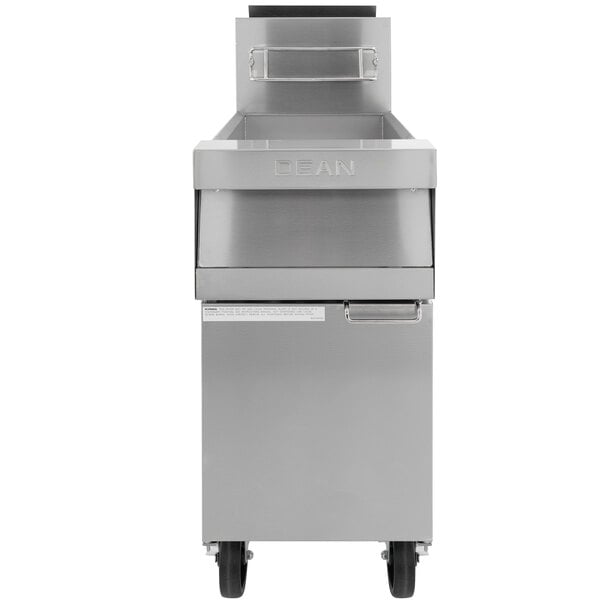 A Dean stainless steel natural gas fryer with a silver tray.