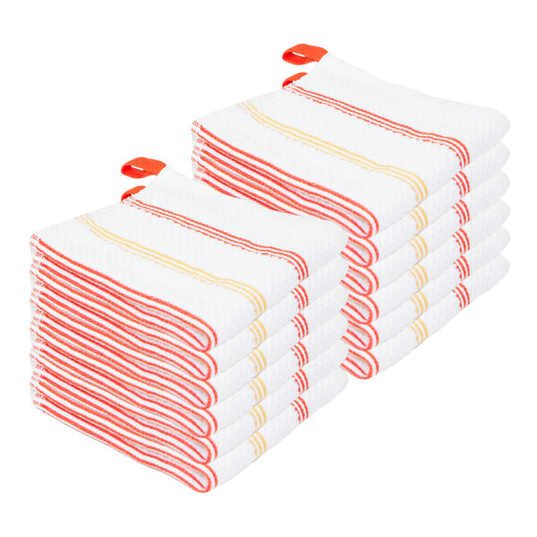 Hospeco Premier Collection 13" x 13" 20 oz. Saffron-Striped Pattern Premier 100% Cotton Terry Dish Cloth with Hanging Loop - 12/Pack