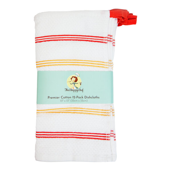 Hospeco Premier Collection 13" x 13" 20 oz. Saffron-Striped Pattern Premier 100% Cotton Terry Dish Cloth with Hanging Loop - 12/Pack