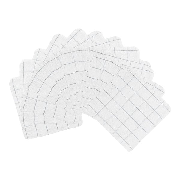 A set of white cloths with a gray windowpane pattern, fanned out in a semi-circle.
