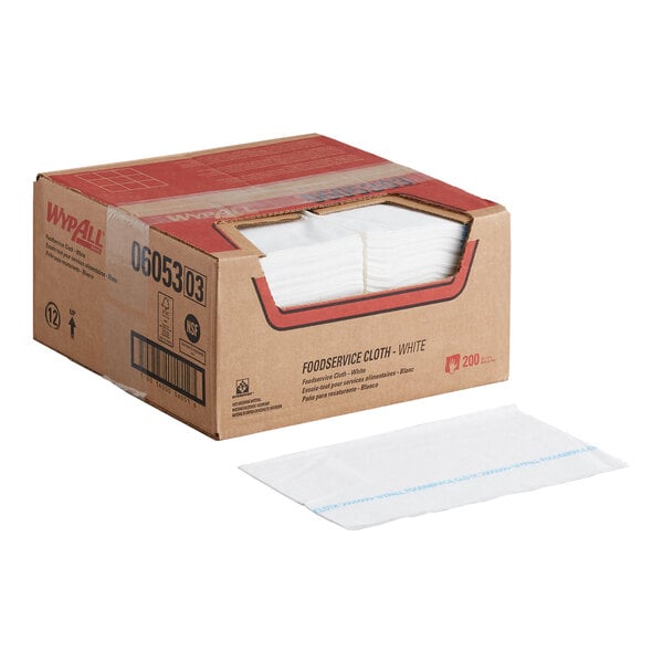 A box of WypAll X50 white foodservice wipers with one wiper displayed in front.
