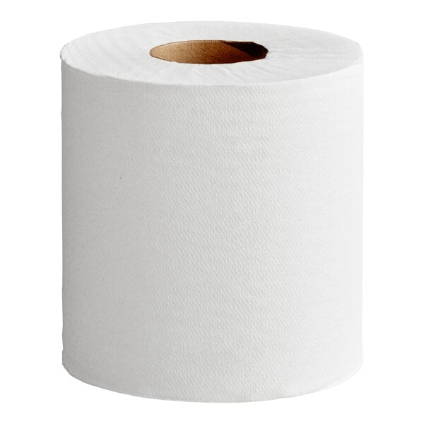 A large white center-pull paper towel roll with a visible cardboard core.