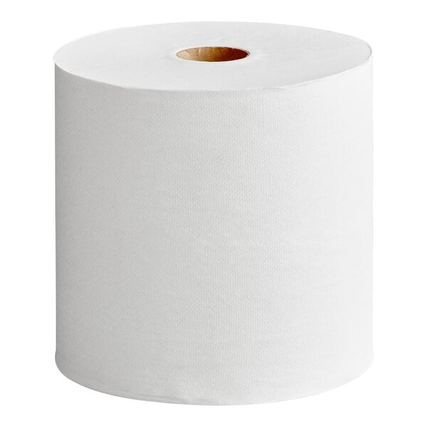 A large white roll of paper towel with a cardboard core.