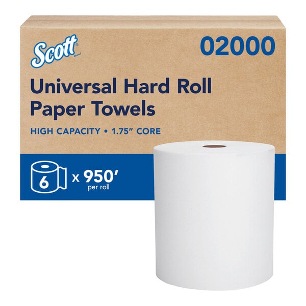 A case of Scott Universal Hard Roll Paper Towels with one roll shown in front.