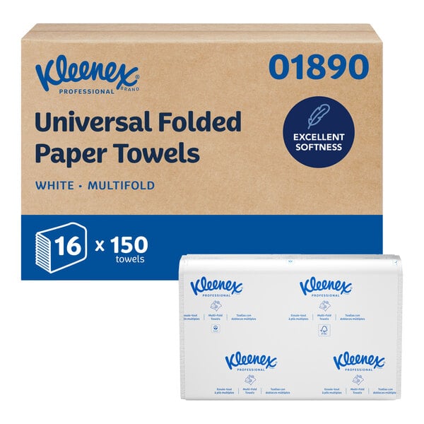 A case of Kleenex multifold white paper towels containing 16 packs of 150 towels each.