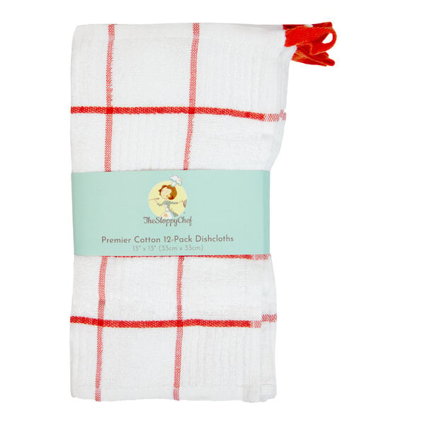 A pack of white dishcloths with a red windowpane pattern and a hanging loop, wrapped in a light blue paper band.