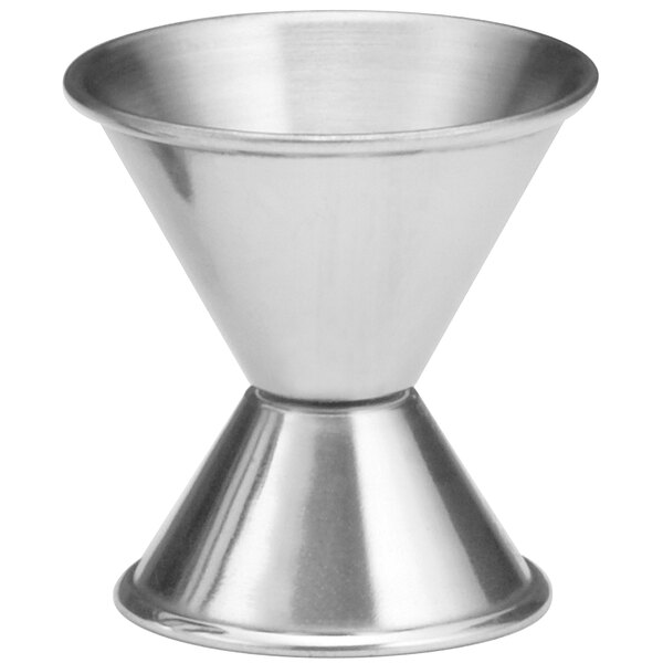A Tablecraft stainless steel jigger with a small base.