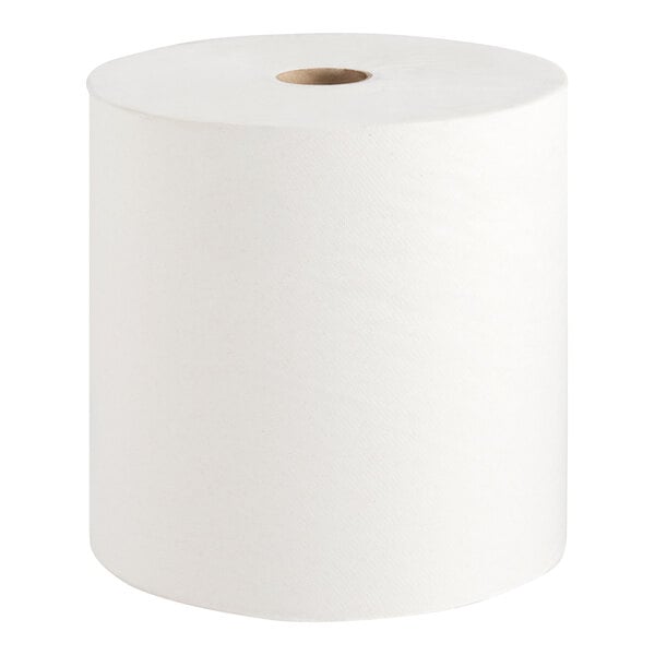 A white roll of Scott Essential hard roll paper towels.