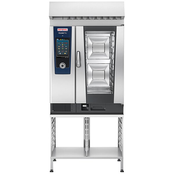 A Rational iCombi Classic industrial oven with a stainless steel door on a stand.