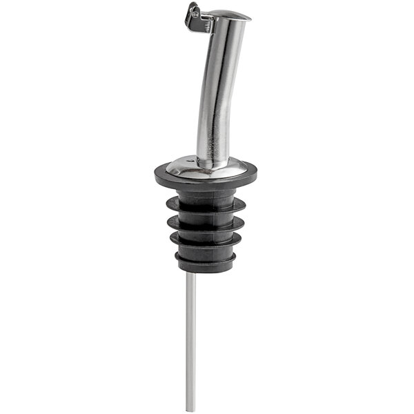 A TableCraft stainless steel liquor pourer with a black hinged cap on a counter.