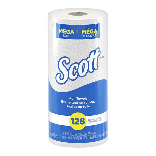 A single roll of Scott paper towels with blue and white packaging, labeled as a mega roll with 128 sheets.