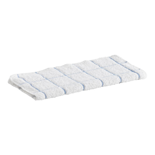 A white towel with blue stripes on it.