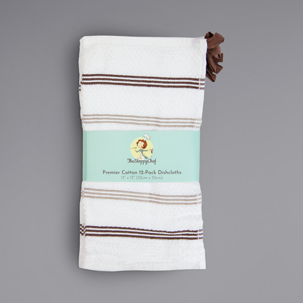 A white dishcloth with brown stripes.