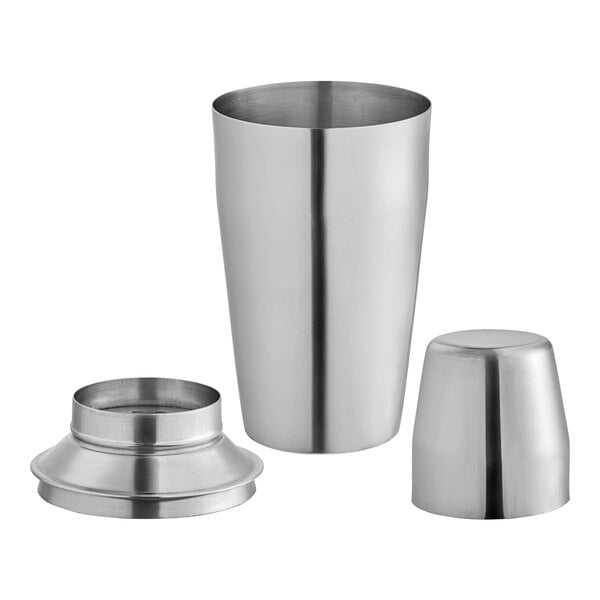 A Tablecraft stainless steel cocktail shaker set.