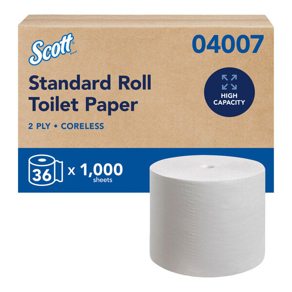 A case of Scott Essential Coreless 2-ply toilet paper rolls, each roll containing 1,000 sheets, with 36 rolls per case.