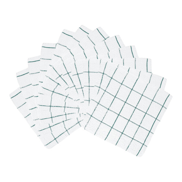 A set of white rectangular cloths with a green windowpane pattern, fanned out in a semi-circle.