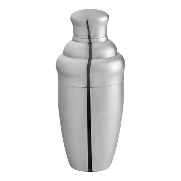 A Tablecraft stainless steel cocktail shaker with a crack in the lid.