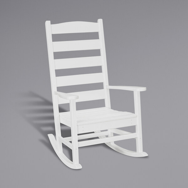 A white POLYWOOD porch rocking chair.