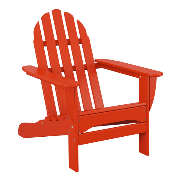 A red POLYWOOD classic Adirondack chair with armrests.