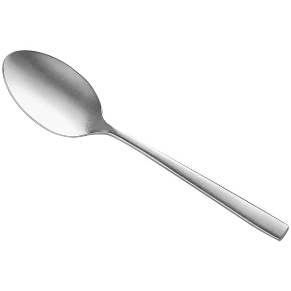 An Acopa Petra stainless steel spoon with a distressed silver handle.