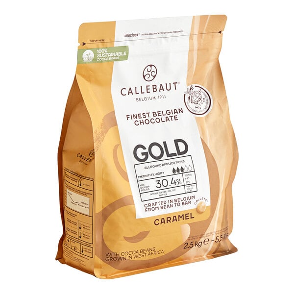A bag of Callebaut Gold Caramelized White Chocolate Callets.