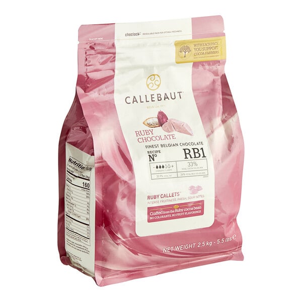 A bag of pink and white Callebaut Ruby chocolate chips.