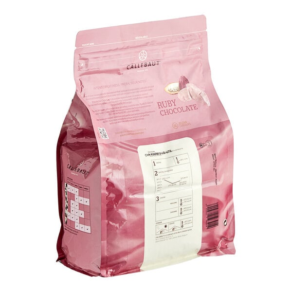 A pink bag of Callebaut Ruby chocolate callets.