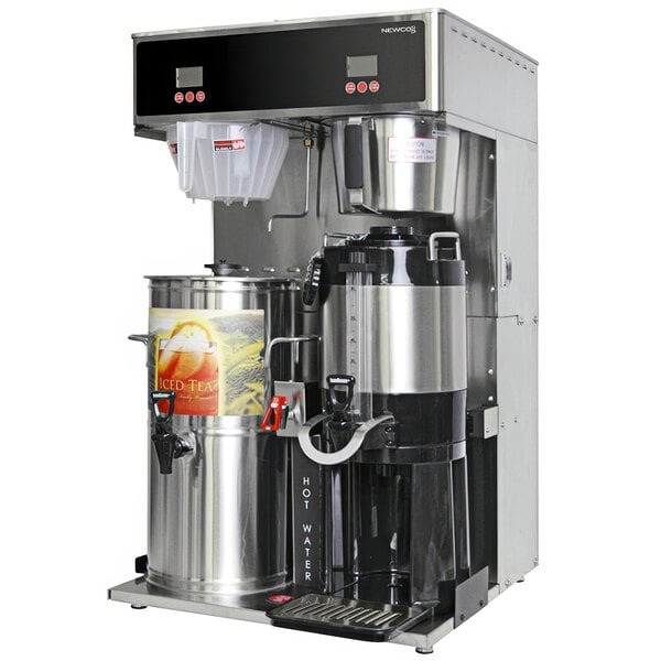 A Newco commercial automatic coffee and tea brewer with black and silver containers.