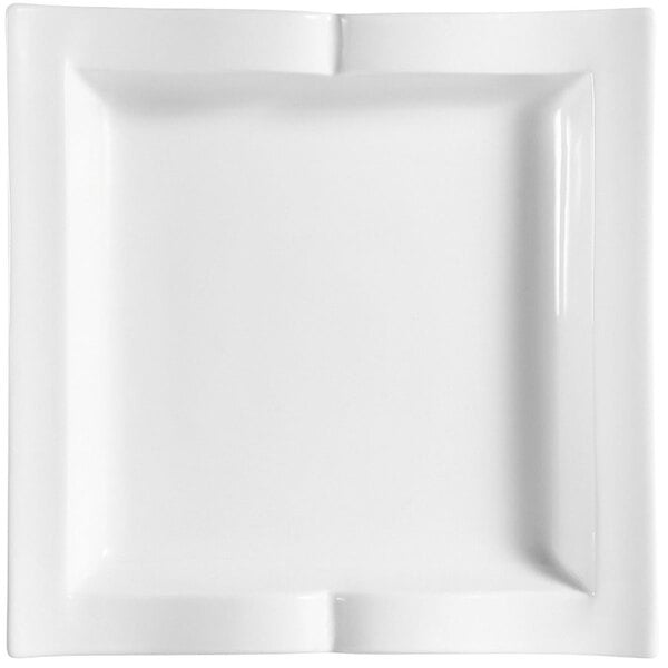 A CAC Goldbook Bone White square pasta plate with a corner cut out.