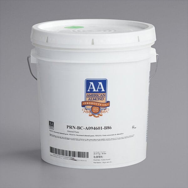 A white bucket with a white lid and the words "American Almond" and "Almond Paste" in black.