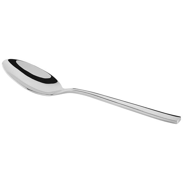 An Acopa stainless steel teaspoon with a black handle and silver spoon.