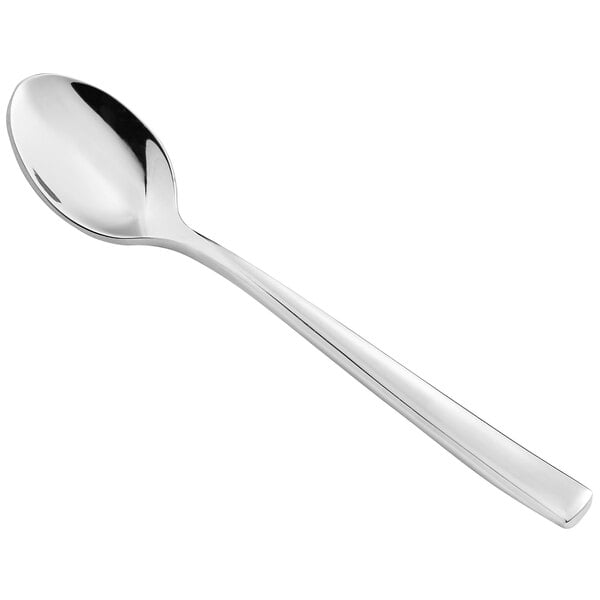 An Acopa stainless steel demitasse spoon with a silver handle.