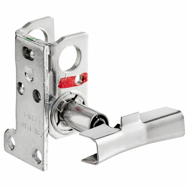 A silver metal latch with a red handle.