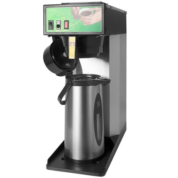 A Newco ECO-Series airpot coffee brewer with a cup holder.