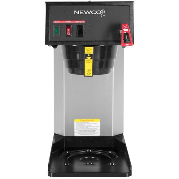 A black and silver Newco commercial coffee maker with a circular thermal carafe.