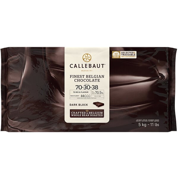 A package of Callebaut dark chocolate with a white and black label.