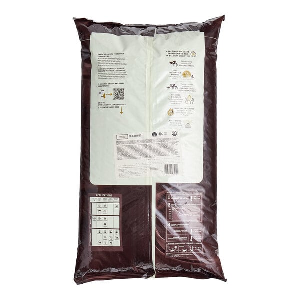 A brown plastic bag of Callebaut Recipe 70/30 Dark Chocolate Callets with white text.