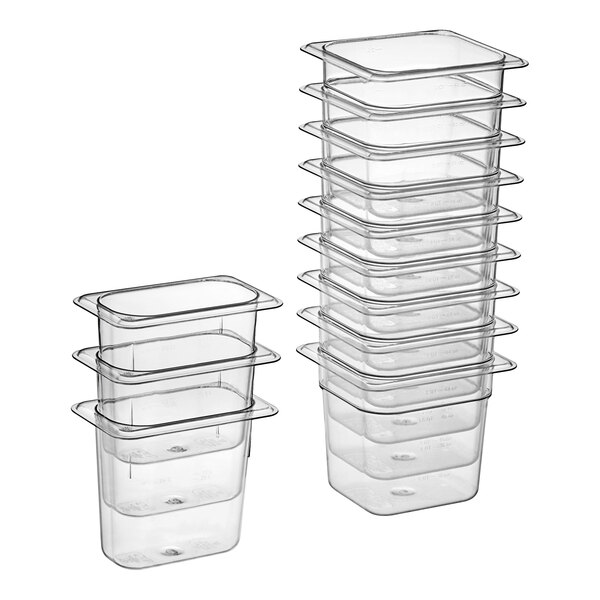 A stack of six clear plastic Vigor food pans.
