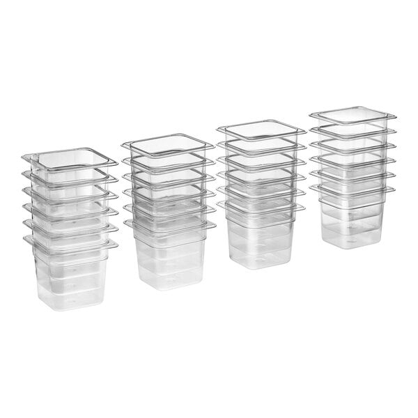 A set of six clear plastic containers with lids.
