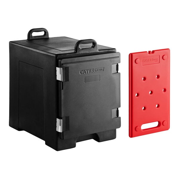 A black front-loading insulated food pan carrier with a red hot board, designed to hold up to five full-size pans.